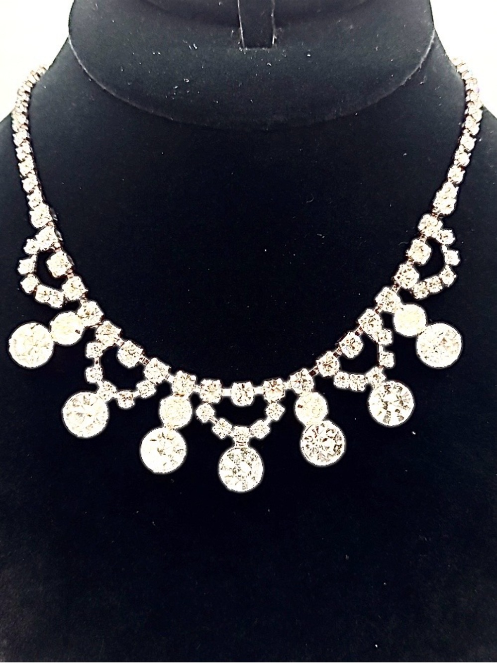 Vintage Silver Tone Rhinestone Fringe Drop Choker Necklace